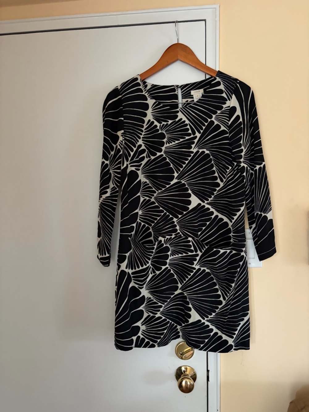 J. Crew Black and White Long-Sleeve Patterned Dress
